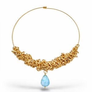 Gold Statement Collar Necklace with Blue Quartz Gemstone Drop, Artisan Choker